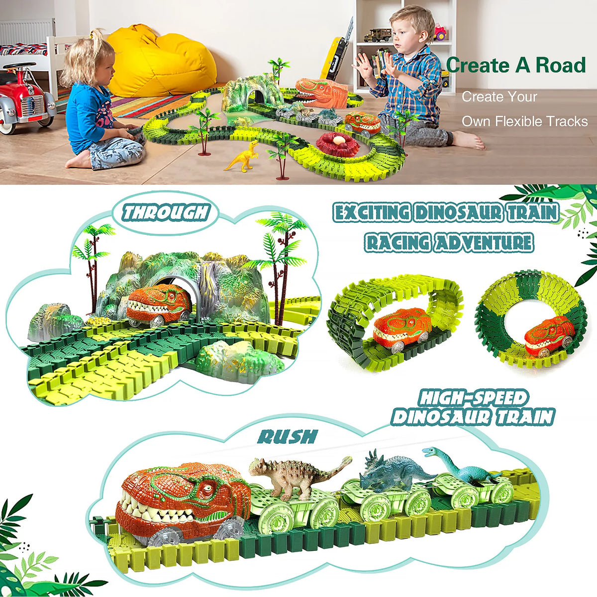 Dinosaur Train Toy Set with Flexible Road Race Track and Dino Car