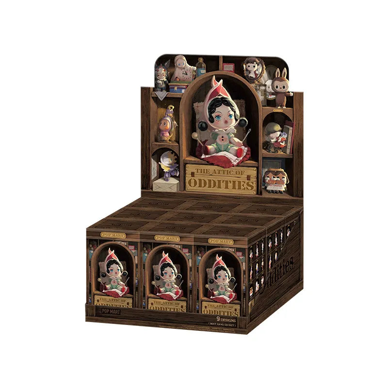 A display box featuring several POP MART collectible figures in an attic theme.