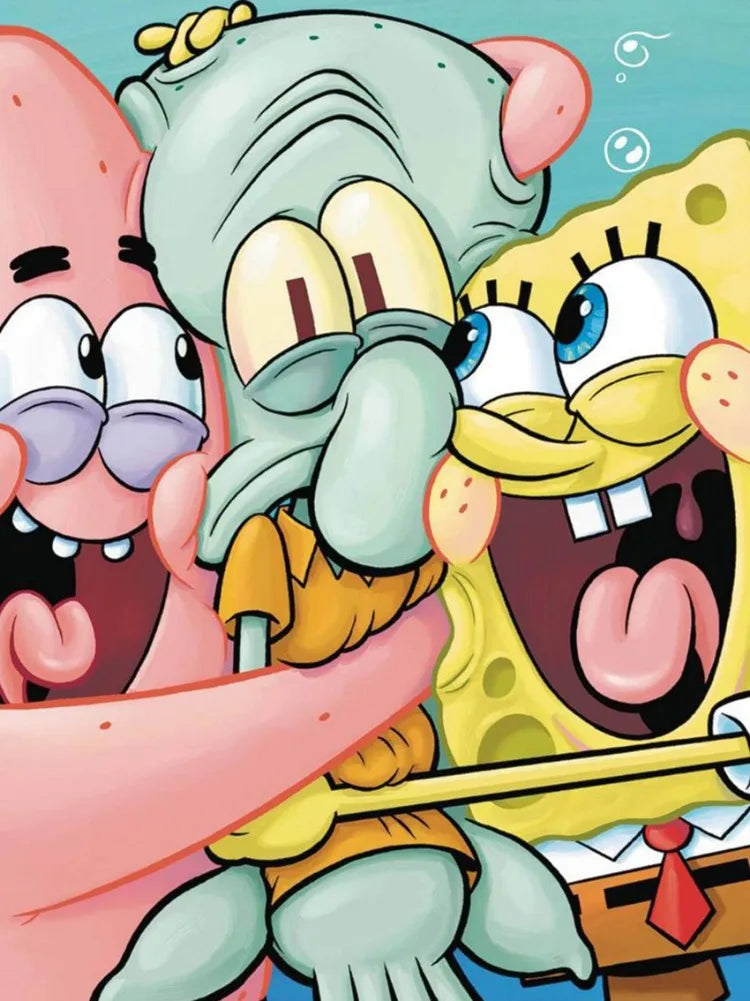 A colorful illustration featuring characters from SpongeBob SquarePants in a diamond painting style.