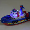 A blue and red electric marine rescue boat toy with lights and a rescue tower.