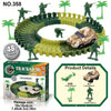 A green LEGO track set featuring a race car and minifigures on a circular track.