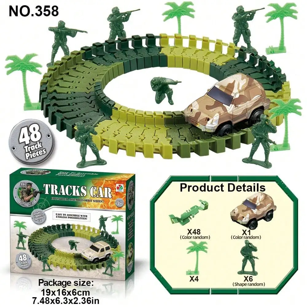 A green LEGO track set featuring a race car and minifigures on a circular track.