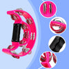A pink double-layer tambourine with metal bells shown from various angles and components.