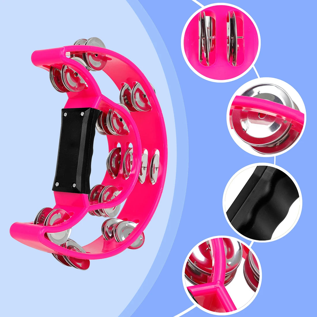 A pink double-layer tambourine with metal bells shown from various angles and components.
