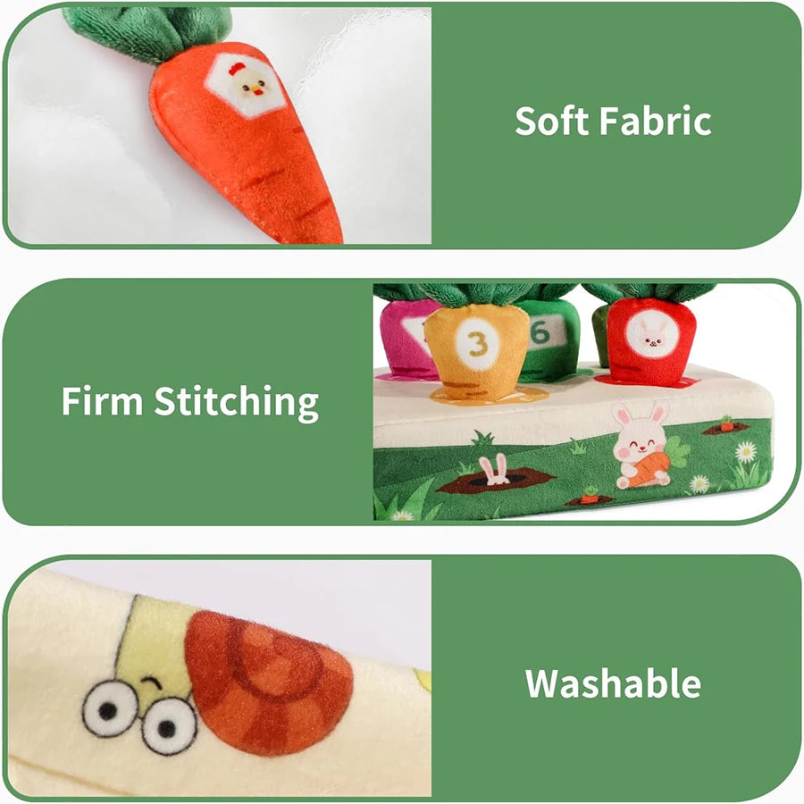 Close-up of a soft orange carrot pull toy with firm stitching and a washable fabric detail.