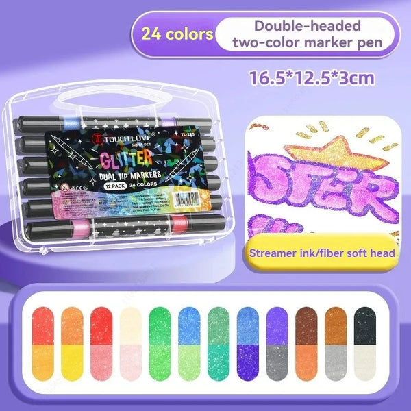 Juego de 24 rotuladores de doble punta y dos colores con acabado metálico brillante.