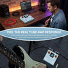 A portable multi-effects pedal is shown next to an electric guitar.
