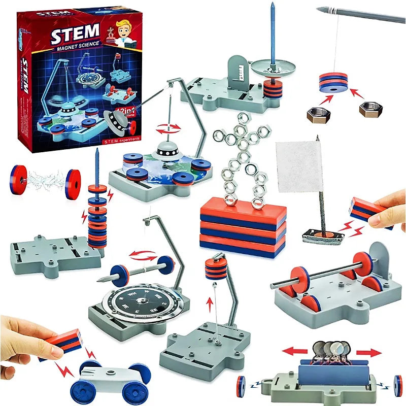A collection of STEM physics kits demonstrating magnetic levitation and various scientific principles.