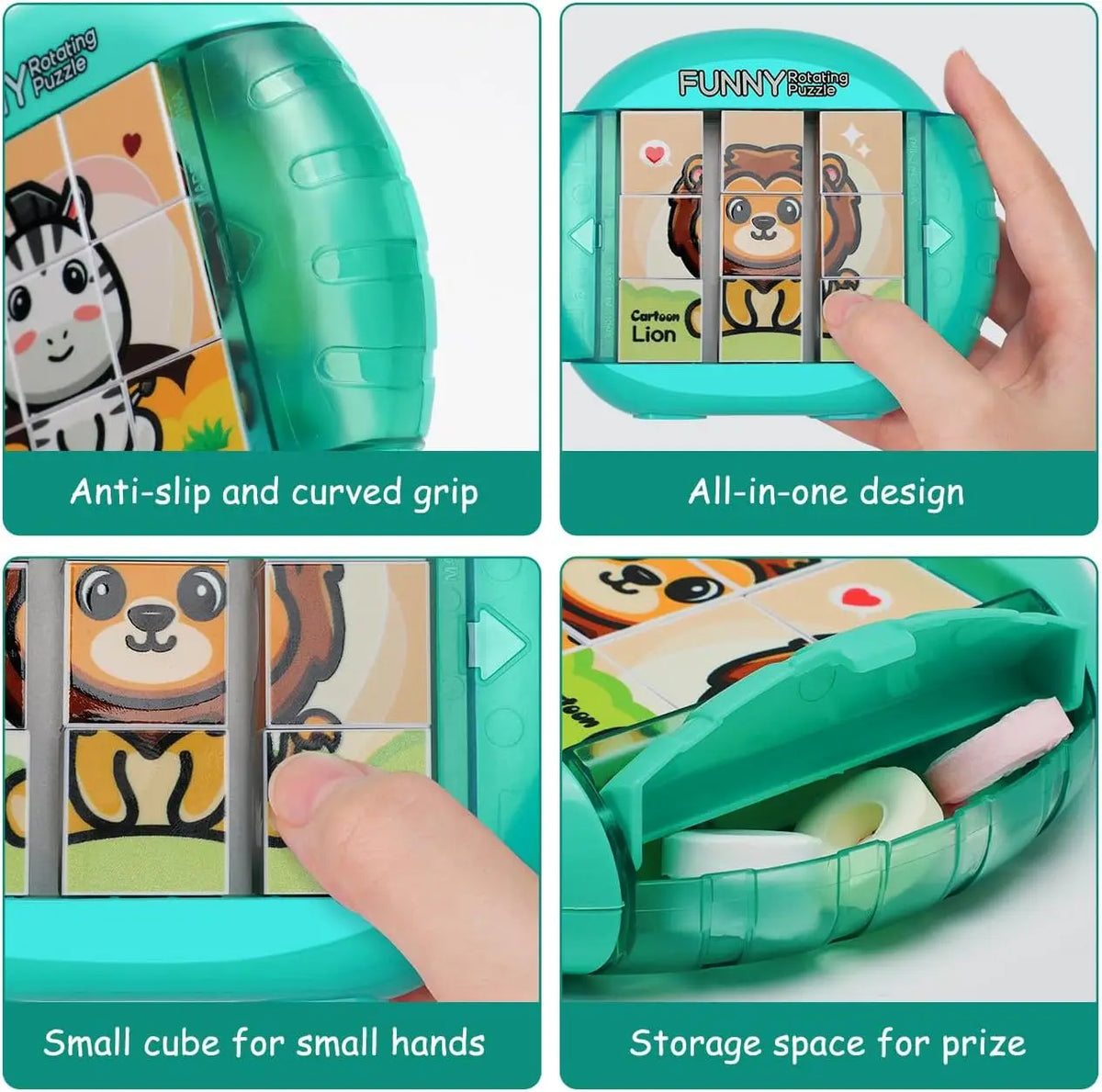 A green rotating puzzle toy with an all-in-one design and storage space for prizes.