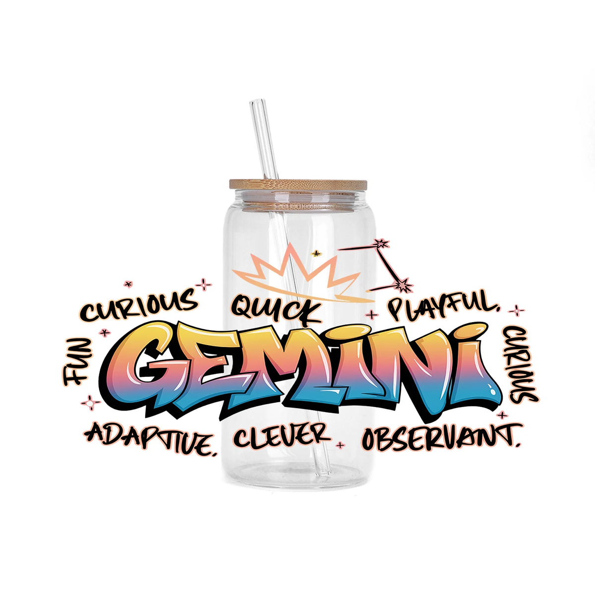 A clear glass bottle with a straw contains liquid and features colorful graffiti text spelling out GEMINI surrounded by zodia