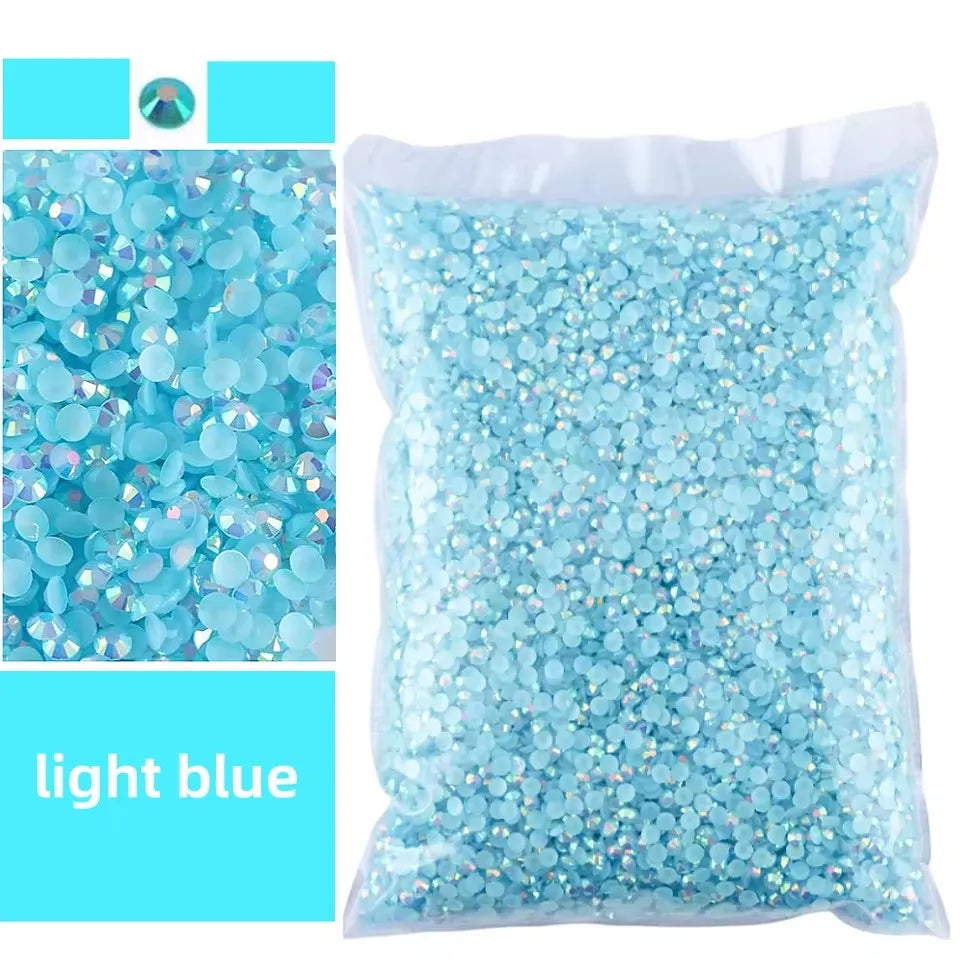 Bag of light blue AB-coated flat back resin rhinestones for crafts and DIY projects