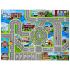 A colorful diecast alloy racing car set featuring various vehicles and buildings on a gray road layout.