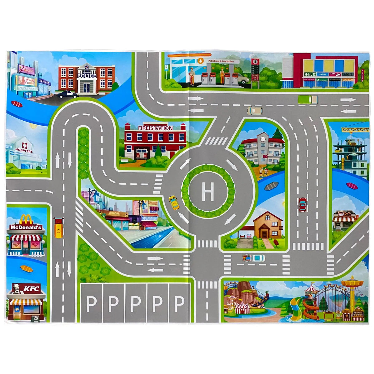 A colorful diecast alloy racing car set featuring various vehicles and buildings on a gray road layout.