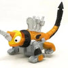 A die-cast dinosaur truck toy with a removable dino figure, featuring orange and gray colors.