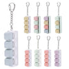 A set of colorful acrylic keycap fidget keychains featuring four clicky key buttons.