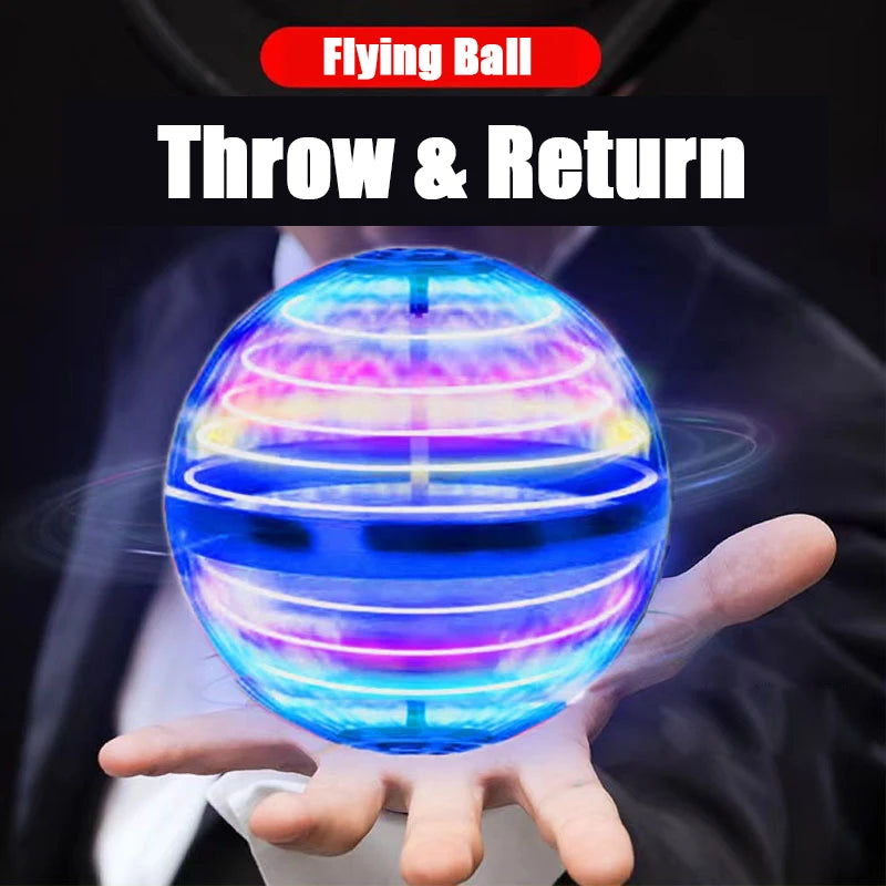 A blue, spherical LED flying ball is being held and rotated by a hand against a dark background.