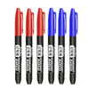 A pack of six permanent fine-tip markers in red and blue colors standing upright.