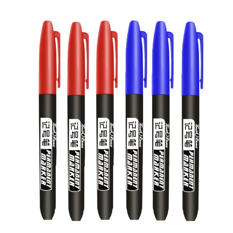 A pack of six permanent fine-tip markers in red and blue colors standing upright.