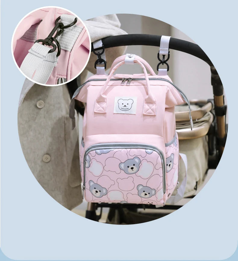 Waterproof Diaper Bag Backpack with Printed Bear Design