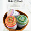 A bundle of gradient rainbow cotton-wool yarn in various colors is displayed in a woven basket.
