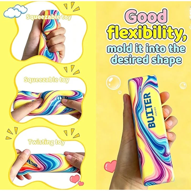 A hand holds a colorful, flexible butter toy molded into a desired shape for stress relief.