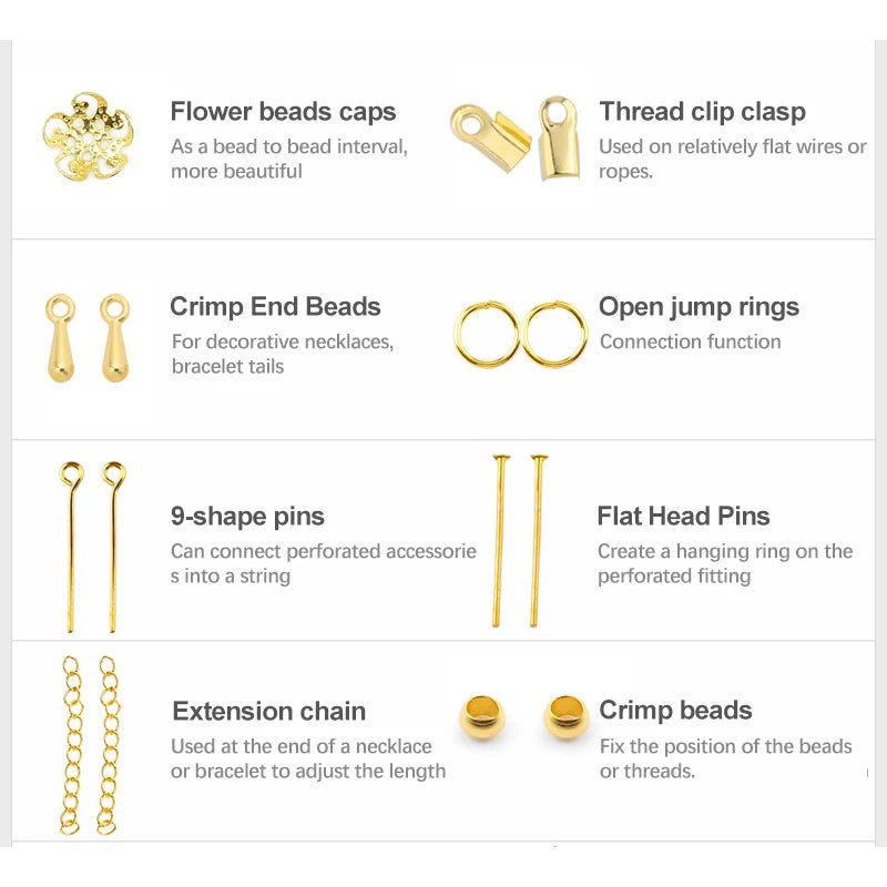 Jewelry making beads including flower beads, crimp end beads, jump rings, 9-shape pins, extension chain, and crimp beads.