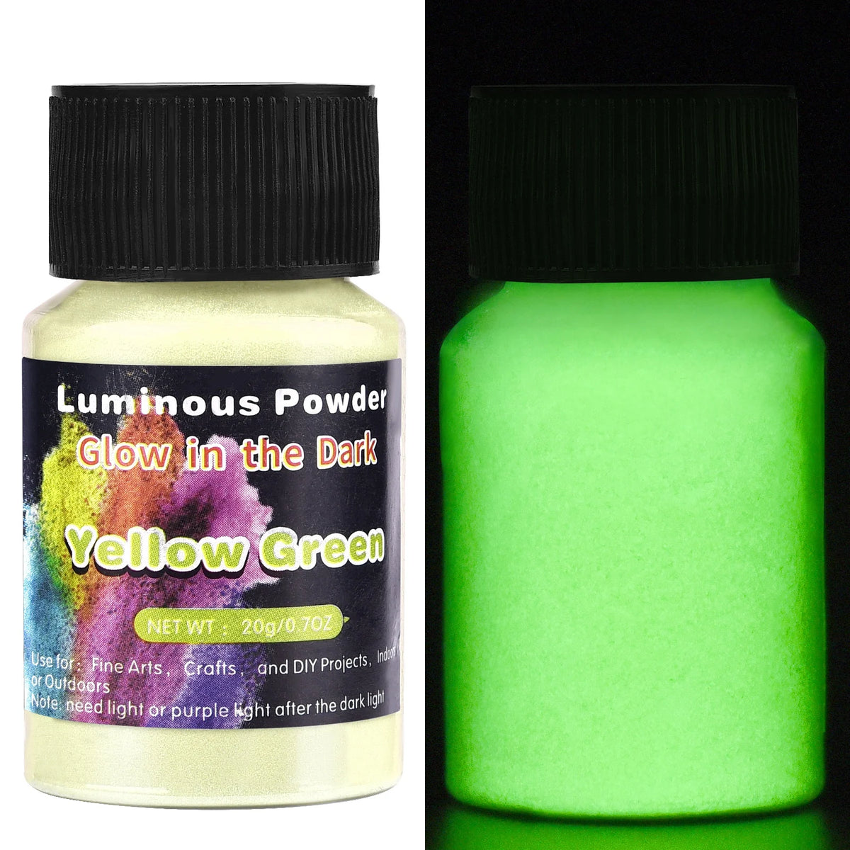Jar of yellow green glow-in-the-dark powder used for resin art and crafts