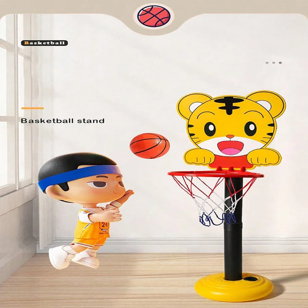 Et gult tiger-tema basketballstativ med en bold, designet til småbørnsleg.