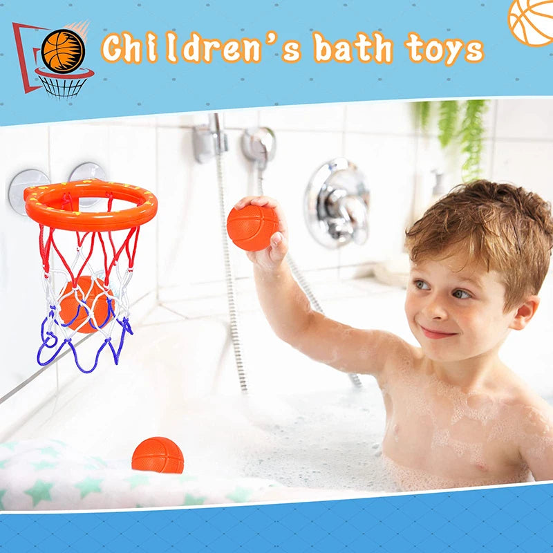 A young boy is playing with an orange basketball hoop and ball in a bathtub filled with water.