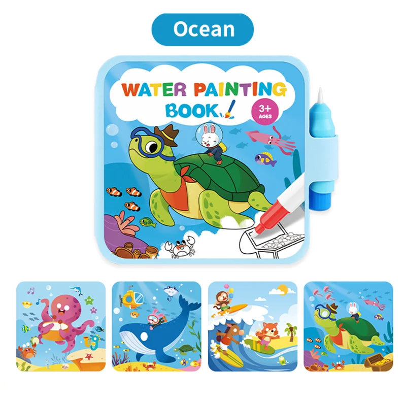 A colorful water painting book for kids featuring sea creatures and an illustration of a green turtle.