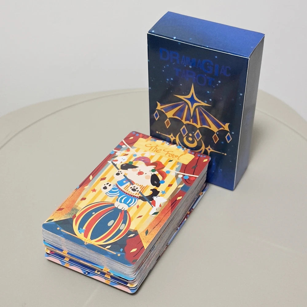 A blue box of the Rider-Waite Tarot Deck is shown next to a stack of tarot cards on a light surface.