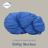 A ball of bright blue Merino wool yarn labeled LIRISNLY