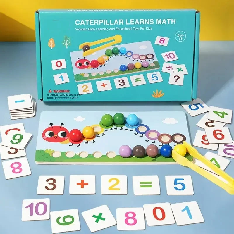 A box and game of wooden caterpillar clip beads for learning math skills featuring numbered cards.