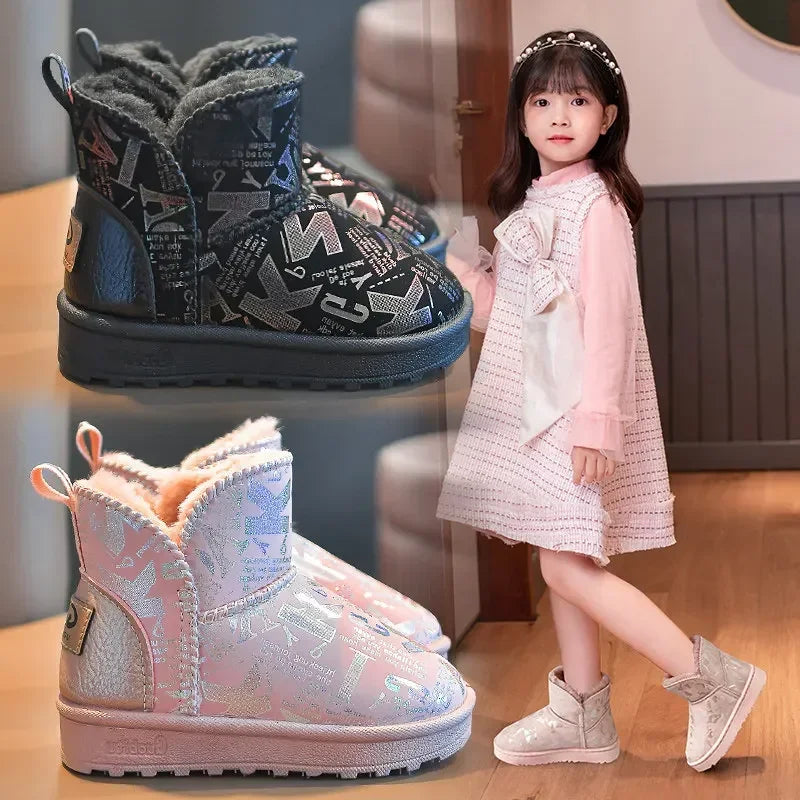 A young girl models pink fur-lined snow boots with a non-slip sole, shown alongside a pair of black boots.