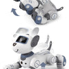 Un robot animal interactif blanc montré en deux vues, illustrant son design et son mouvement.