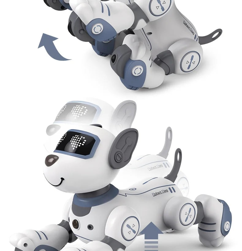 Un robot animal interactif blanc montré en deux vues, illustrant son design et son mouvement.