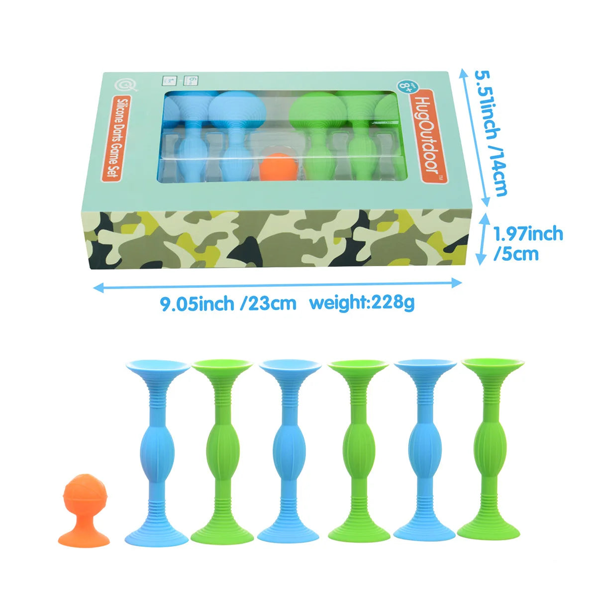 A set of silicone suction cup darts in blue and green, packaged in a cardboard box.