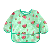 A light green full-sleeve waterproof baby bib featuring a cute cartoon design of watermelon slices and small green leaves.