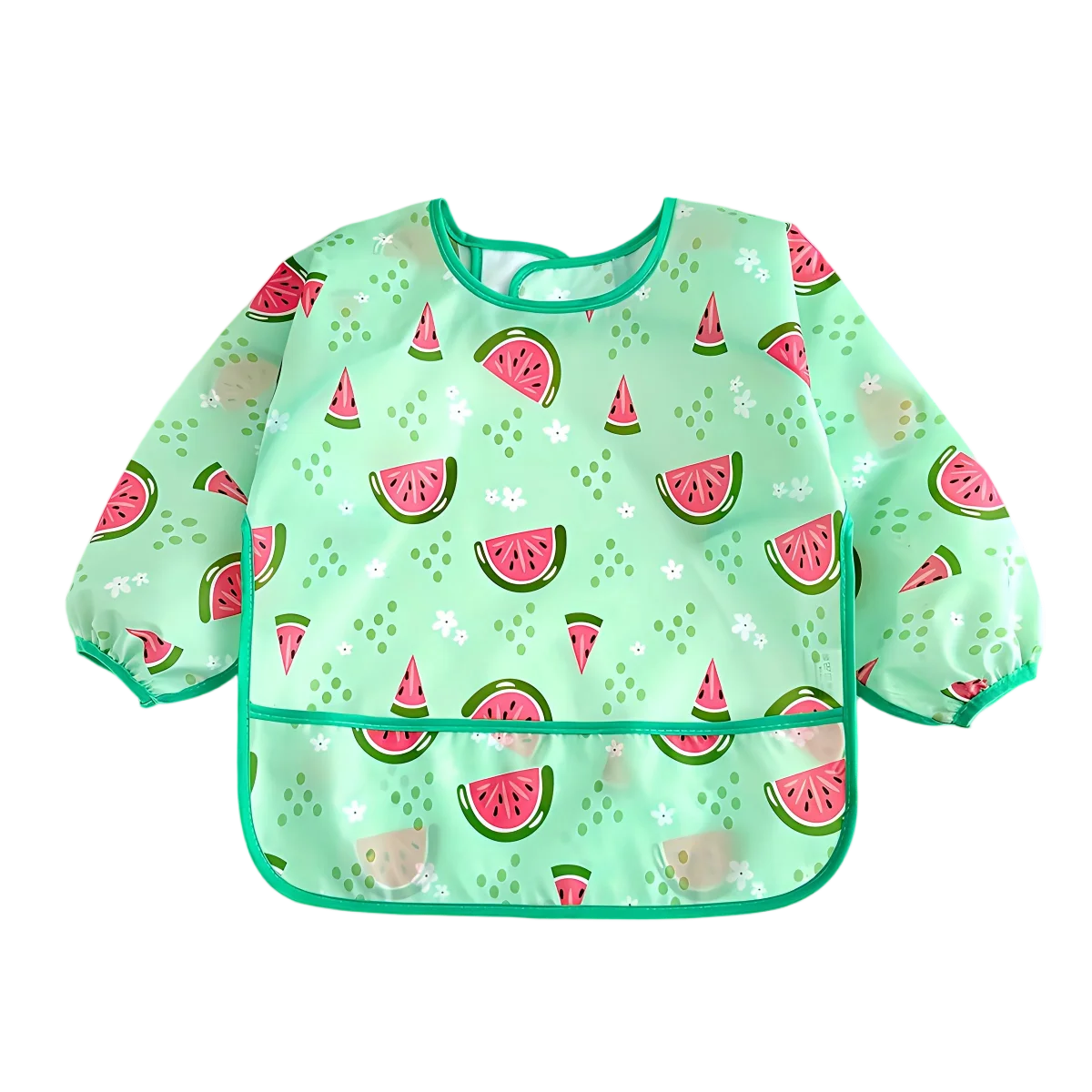 A light green full-sleeve waterproof baby bib featuring a cute cartoon design of watermelon slices and small green leaves.