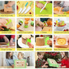 A collection of kids cooking tools including knives, cutters, peelers, and scrapers for safe kitchen play.