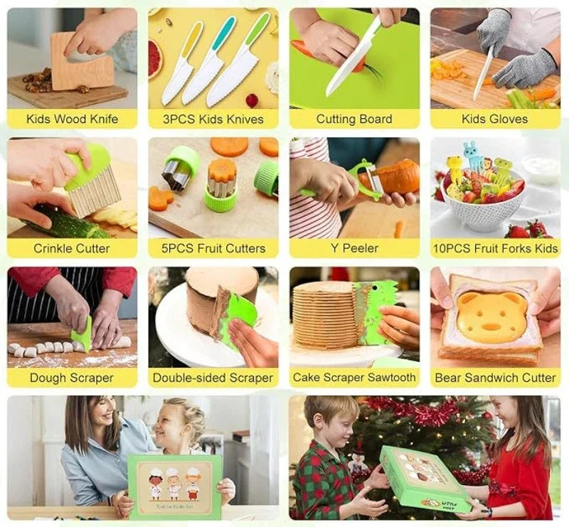 A collection of kids cooking tools including knives, cutters, peelers, and scrapers for safe kitchen play.