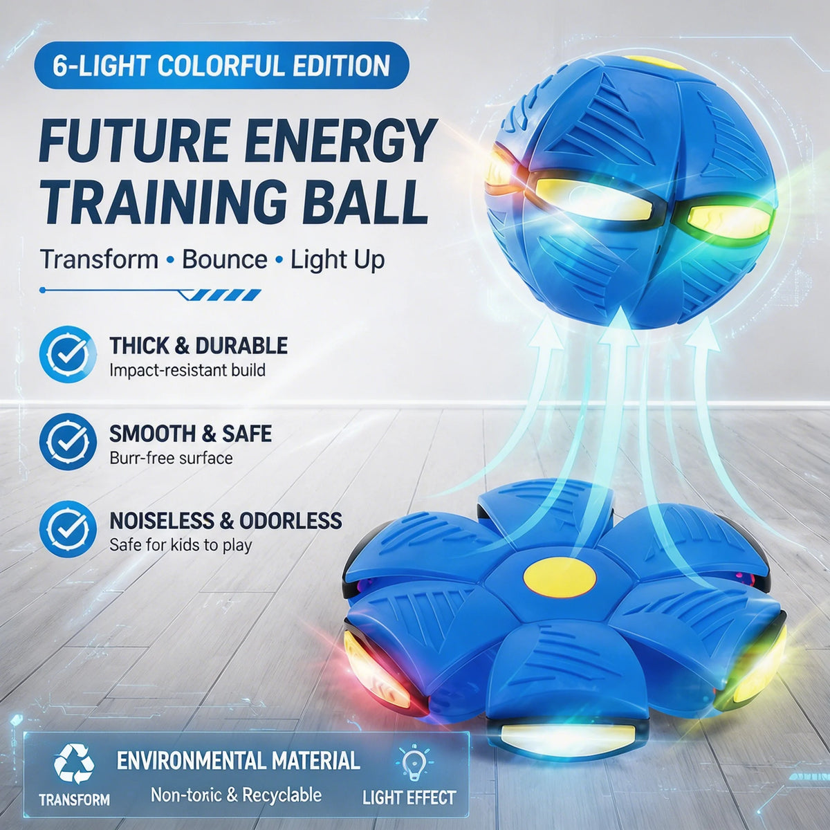 A blue, six-light colorful future energy training ball is shown with its transformable form and light effect.