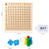 A wooden multiplication board game showing numbers 1 through 10 in a grid format with corresponding cards.