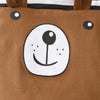 A brown baby bear print short sleeve romper with a matching brown hat and black and white striped top.