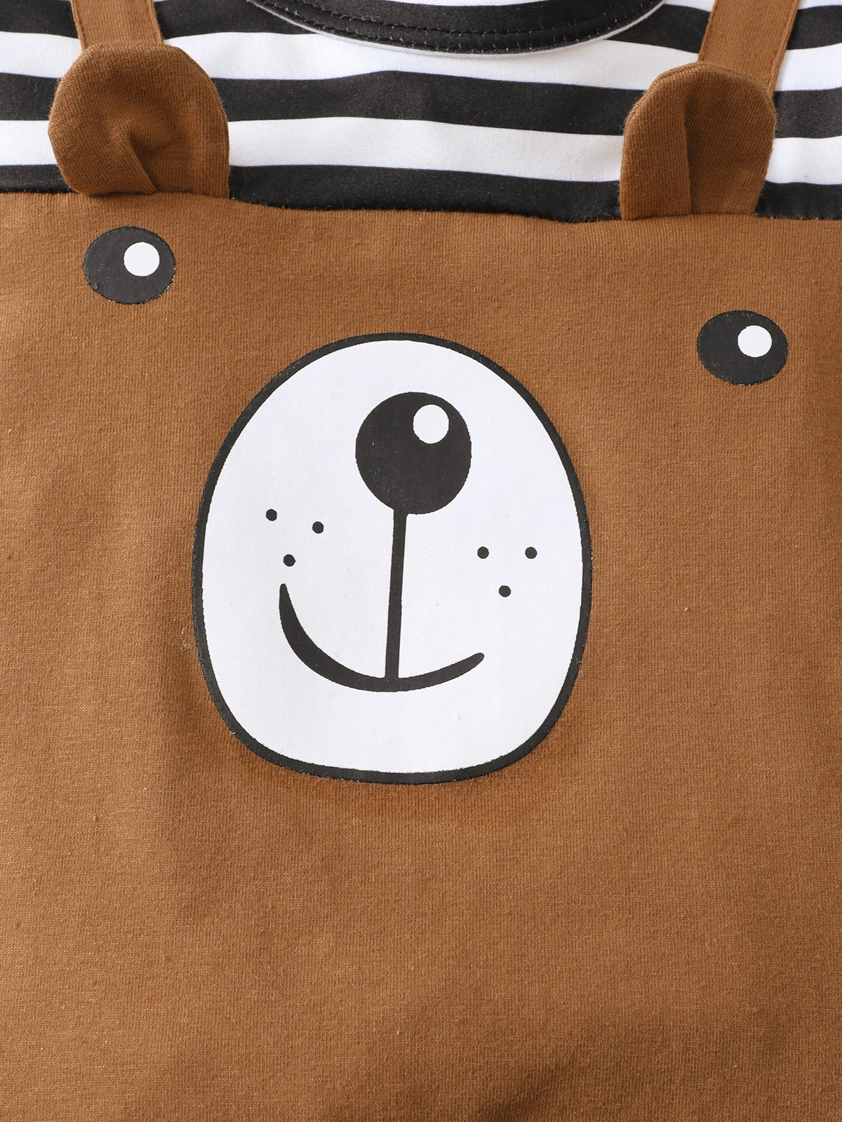 A brown baby bear print short sleeve romper with a matching brown hat and black and white striped top.