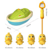 A yellow duck bath toy with a spray wand and various sized duck figures for kids.
