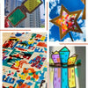A collection of colorful, transparent PVC sheets cut into various shapes and patterns for DIY crafts.