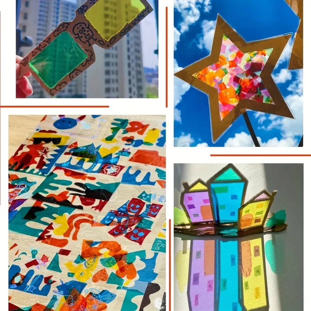 A collection of colorful, transparent PVC sheets cut into various shapes and patterns for DIY crafts.