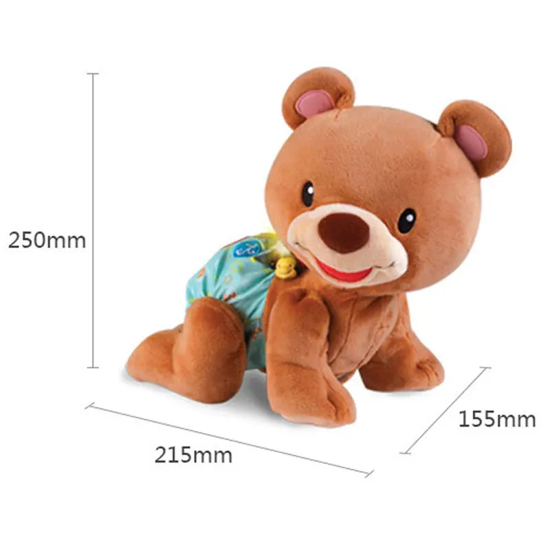 A brown teddy bear toy designed for babies, showing its size dimensions.