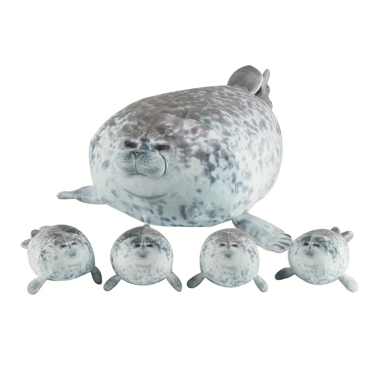 A plush seal family pillow featuring one large adult seal and four smaller baby seals.